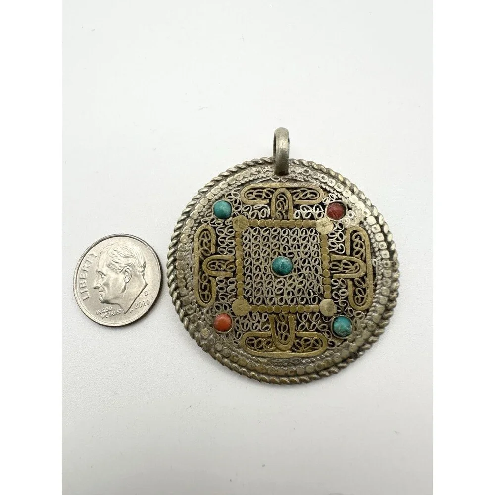 Vtg Tibetan Nepal Coral Turquoise Brass Filigree Double-sided Pendant Amulet